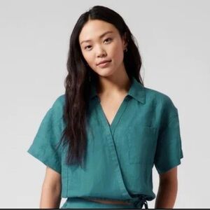 Athleta Playa Linen Borealis Teal Green Wrap Blouse -XL
